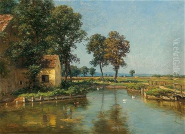 Landschaft Mit Teich Im Vordergrund Oil Painting by Karl Eduard Onken