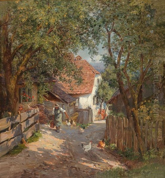 Sunlit Village Street With Decorative Figures Oil Painting by Maria Onken-Palme