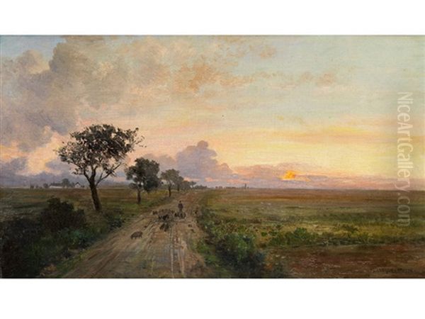 Weite Abendlandschaft Mit Nach Hinten Ziehendem, Regennassem Weg by Maria Onken-Palme