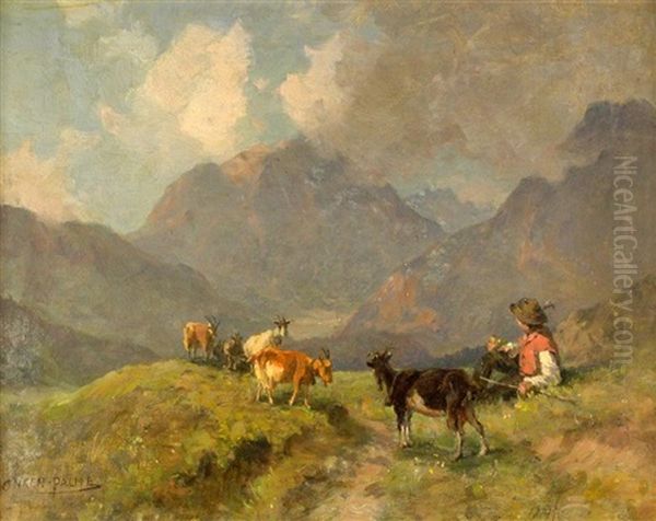 Alpine Landscape With A Boy Herding Goats by Maria Onken-Palme