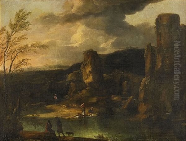 Mountain Landscape With Figures By A Lake Oil Painting by Crescenzio Onofri