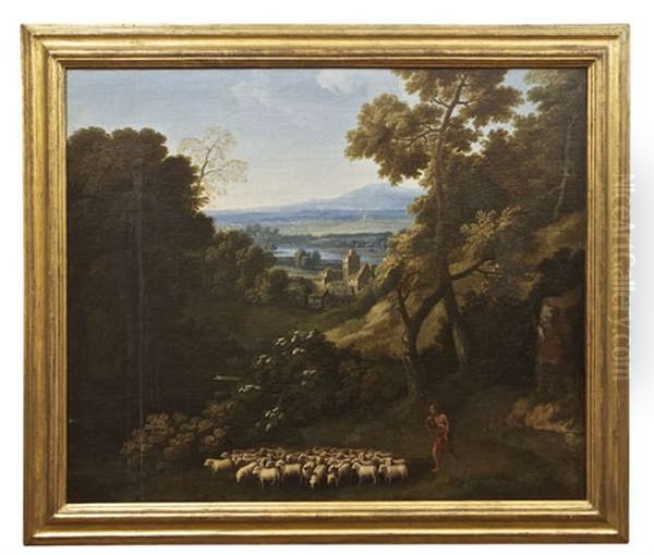 An Extensive Wooded Southern Landscape With A Shepherd And His Flock Before A Fortified Village, A Lake In The Plain With Mountains In The Distance Oil Painting by Crescenzio Onofri