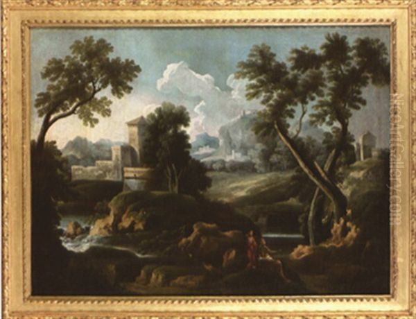 Paysage Avec Cascade Et Deux Pecheurs Oil Painting by Crescenzio Onofri