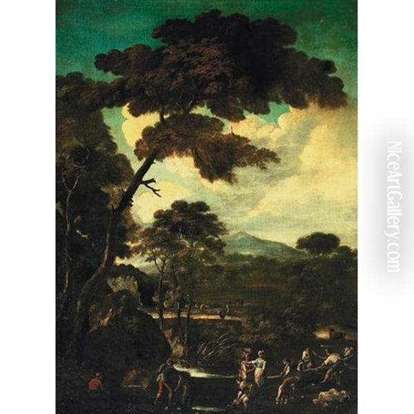 An Extensive Landscape With A Group Of Figures In The Foreground Oil Painting by Crescenzio Onofri