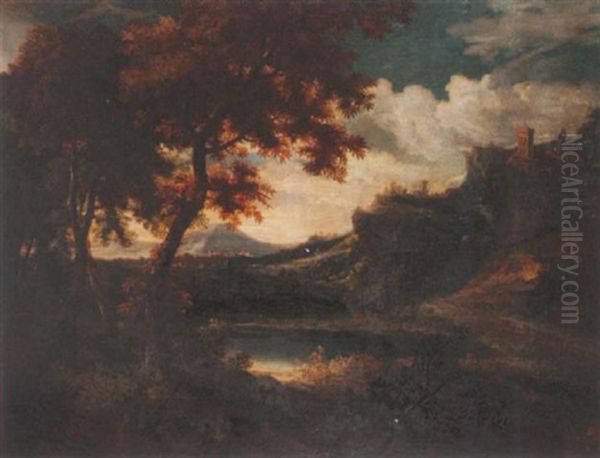 A Wooded Landscape With A Lake In The Foreground, A Castle And Mountains Beyond Oil Painting by Crescenzio Onofri