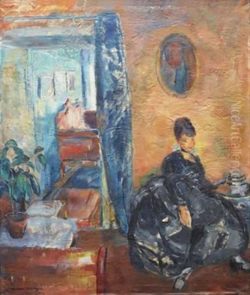 Interior Med Sittande Kvinna Oil Painting by Soren Onsager