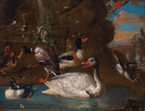 A Norwegian White Goose With Ducks And Other Birds In An Italianate Landscape Oil Painting by Adriaen van Oolen