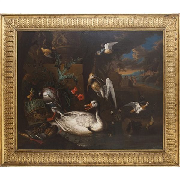 Wild Fowl With Landscape And Figures Oil Painting by Adriaen van Oolen