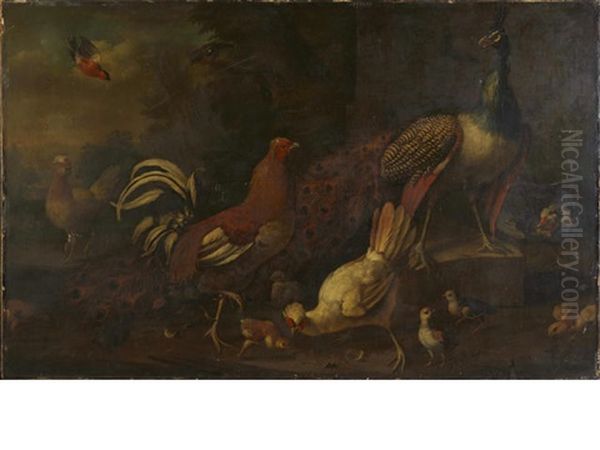 A Peacock, A Gamecock, Three Tufted Hens With Chicks, And Other Birds In A Landscape Oil Painting by Adriaen van Oolen