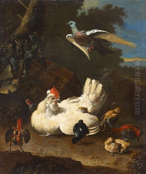 A Hen And Chicks With A Pigeon In A Landscape Oil Painting by Adriaen van Oolen