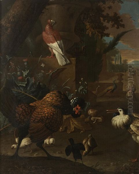 A Turkey, A Pigeon, A Peafowl, A Ruff And A Chicken With Chicks In A Park Oil Painting by Adriaen van Oolen