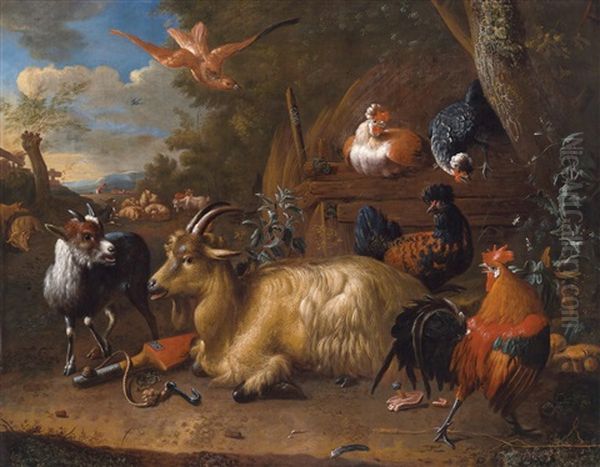 Ein Ziegenbock, Eine Ziege Und Huhner Vor Landschaftshintergrund Oil Painting by Adriaen van Oolen