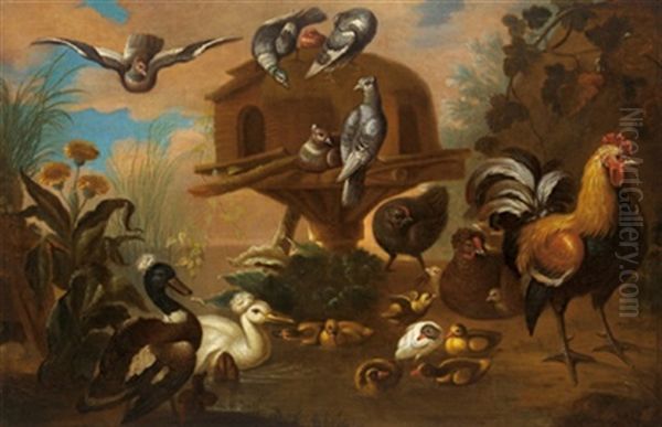 Huhner, Enten Mit Kuken Und Tauben Bei Einem Taubenschlag In Einer Landschaft Oil Painting by Adriaen van Oolen