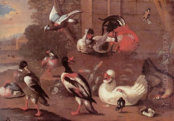 Exotische Huhner Und Enten Sowie Einige Ziervogel In Einer Voliere Vor Einem Schlospark Oil Painting by Adriaen van Oolen