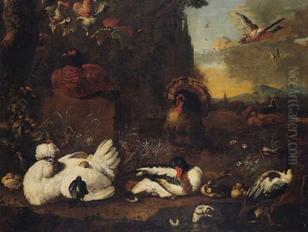 An Extensive Landscape With Various Fowl In A Parkland Setting Oil Painting by Adriaen van Oolen