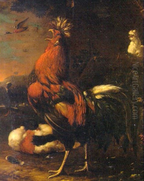 A Cockerel And Other Decorative Fowl In Parkland by Adriaen van Oolen