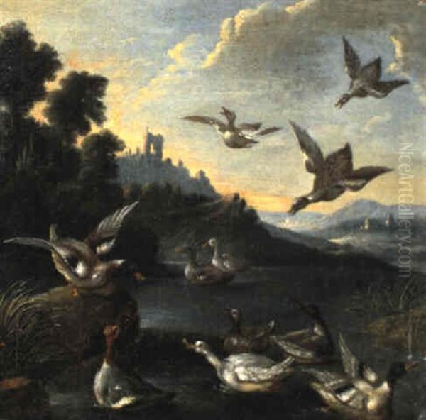 Schwimmende, Fliegende Und Sitzende Enten Am See Oil Painting by Adriaen van Oolen