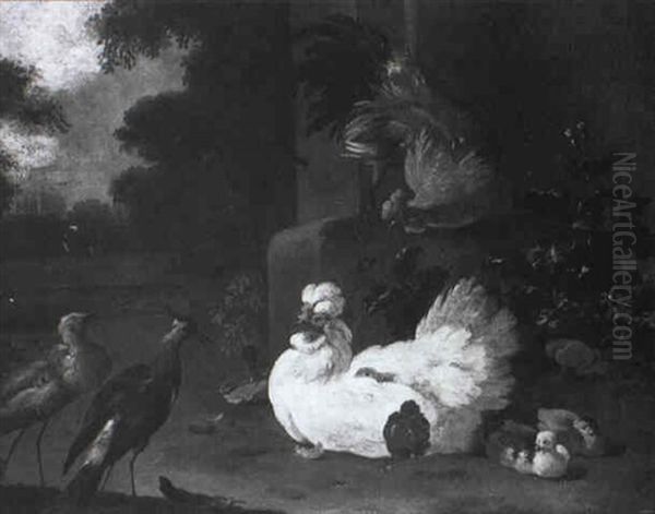 A Ruff, A Lapwing And Chickens By A Stone Plinth Oil Painting by Adriaen van Oolen