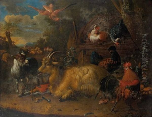 Chevre, Chevreau Et Poules Dans Un Paysage Oil Painting by Jacob van Oolen