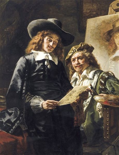 Rembrandt And His Patron Jan Six (1877) Oil Painting by Karel Ooms