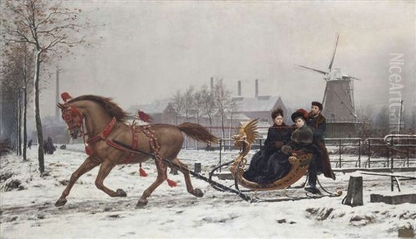 La Famille Meeus-honnorez Et Fille Dans Un Traineau A Cheval Devant La Distillerie A Wijnegem Oil Painting by Karel Ooms