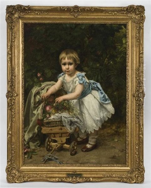 Portrait Of A Young Girl Wearing A White Dress With A Blue Ribbon And Sash Standing Next To A Wagon Holding A Baby Doll And Flowers Oil Painting by Karel Ooms