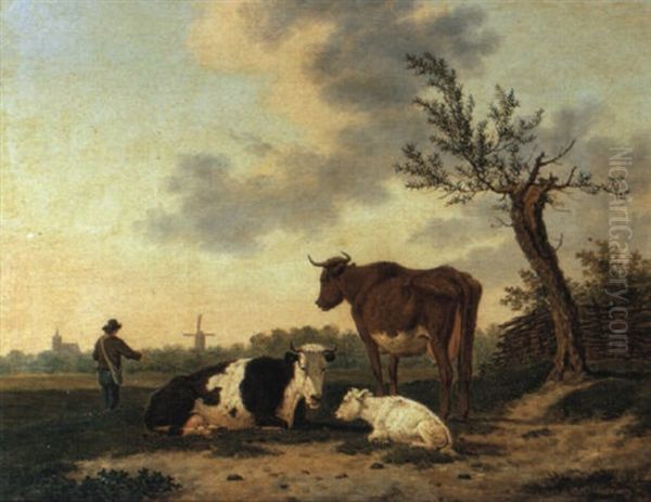 Paesaggio Con Mandriano, Tre Mucche E Mulino A Vento Nello Sfondo Oil Painting by Hendrik Van Oort