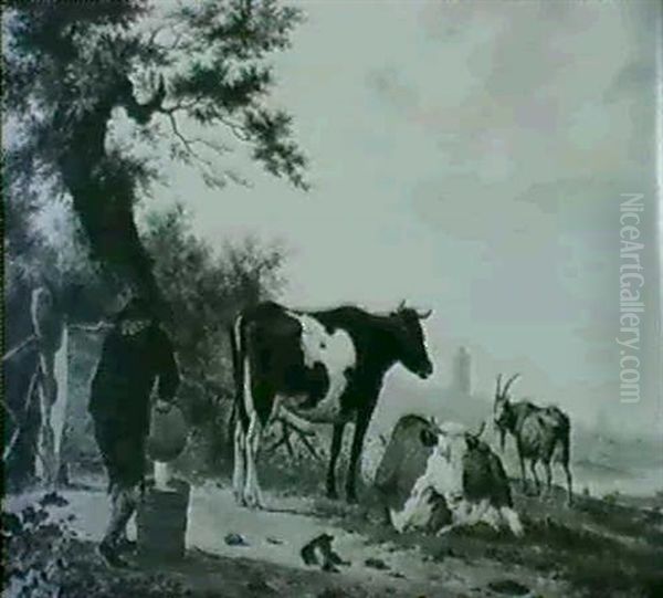 A Herdsman Stading Beside His Cattle In A Riverside Pasture Emptying Milk Into A Pail by Hendrik Van Oort