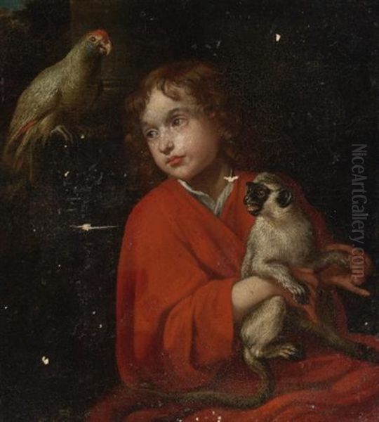 Parrot Watching A Boy Holding A Monkey Oil Painting by Jacob Oost the Elder