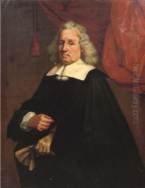 Portrait Of A Gentleman In A Black Costume With A White Collar And Cuffs, Standing In Front Of A Red Curtain Oil Painting by Jacob Oost the Elder