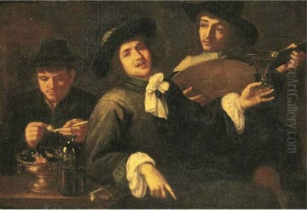 The Five Senses: Three Men Smoking, Drinking And Making Music Oil Painting by Jacob Oost the Elder