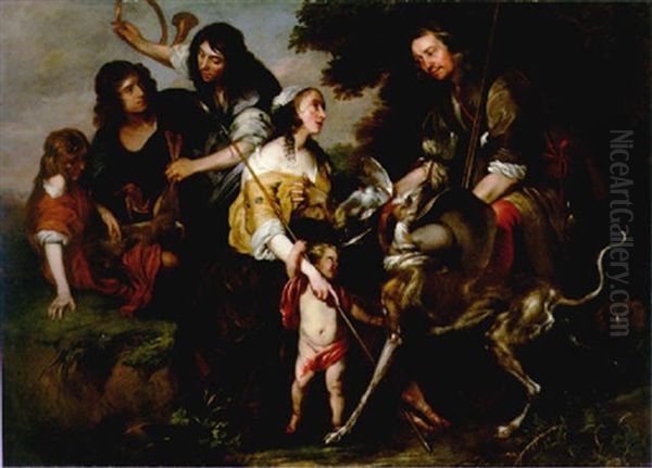 Portrait Of A Couple In Pastoral Dress, Portrayed As Venus And Adonis, In A Landscape With Huntsmen Nearby Oil Painting by Jacob Oost the Elder