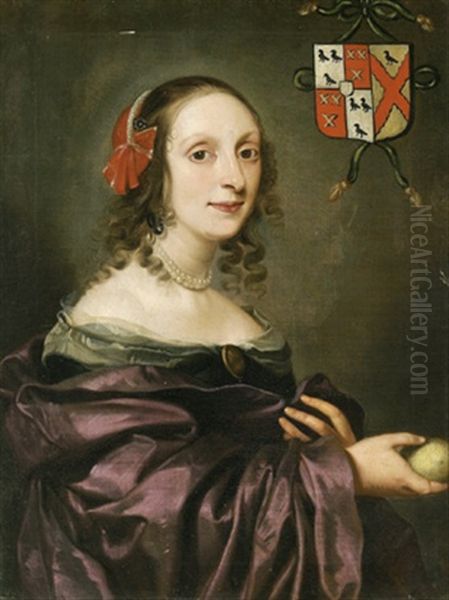 Bildnis Einer Dame In Rotem Kleid, In Der Hand Eine Zitrone Haltend, Links Oben Das Familienwappen Oil Painting by Jacob Oost The Younger