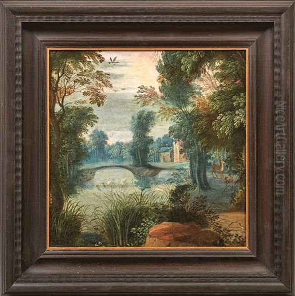 Flusslandschaft Mit Schwanen Und Hirsch Am Ufer Oil Painting by Isaac Van Oosten