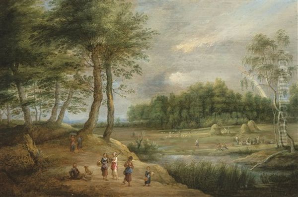 Panoramic Landscape With Hikers Oil Painting by Isaac Van Oosten