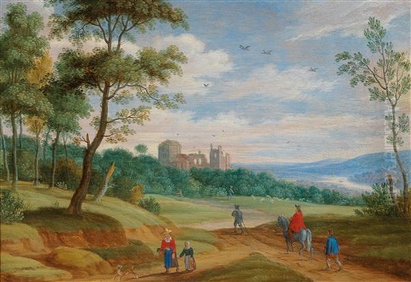 A Wooded Landscape With Travellers And A Shepherd Oil Painting by Isaac Van Oosten