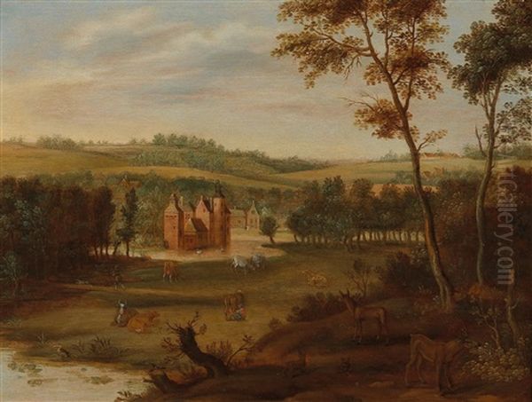 A Hilly Landscape With A Moated Castle Oil Painting by Isaac Van Oosten