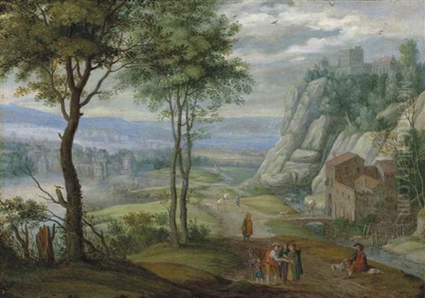 An Extensive Mountainous River Landscape With Travellers On A Path By A Watermill, A Fortified Town Beyond Oil Painting by Isaac Van Oosten