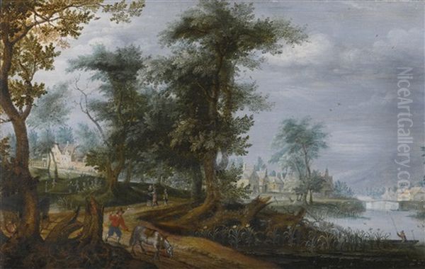 Landscape With Elegantly-dressed Figures On A Path Beside A River, With A Man And Horse In The Foreground, A Village Beyond Oil Painting by Isaac Van Oosten