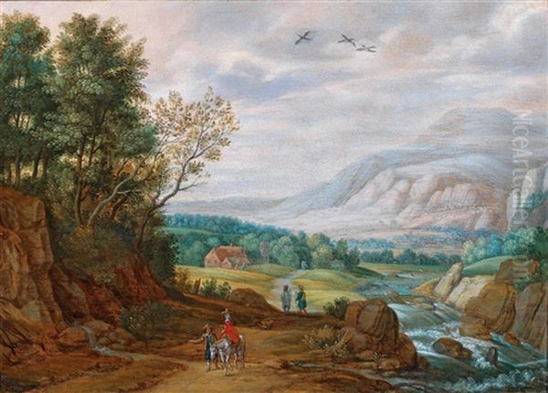 A Vast Mountainous Landscape With Travellers Oil Painting by Isaac Van Oosten