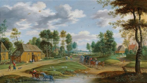 A Landscape With A Horse-drawn Cart And Travelers On A Village Road Oil Painting by Isaac Van Oosten