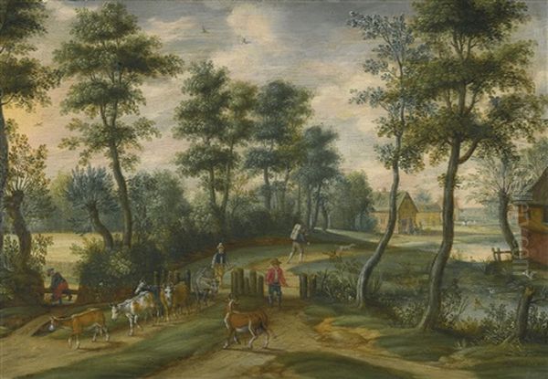 A Wooded Landscape With Drovers And Their Cattle, A Village Beyond Oil Painting by Isaac Van Oosten