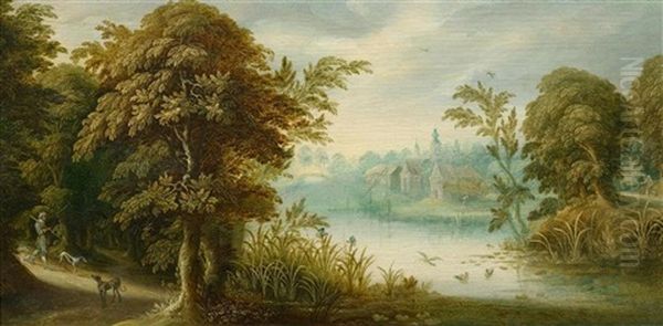 A Wooded River Landscape With A Huntsman And His Dogs Oil Painting by Isaac Van Oosten