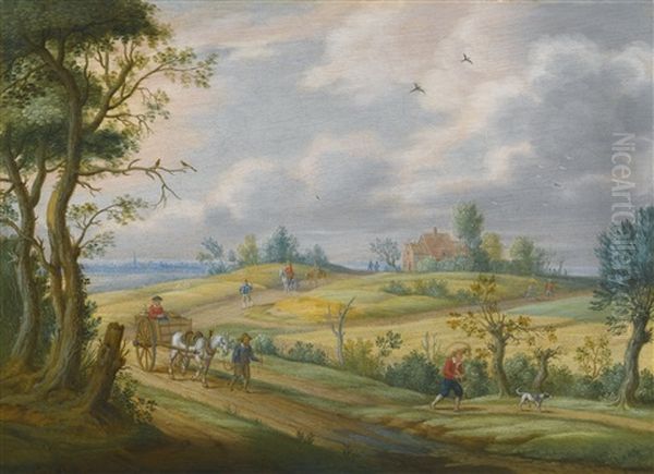 Summer Landscape With A Horse And Cart And Other Figures On A Path Oil Painting by Isaac Van Oosten