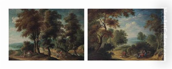 A Wooded Landscape With Figures At Rest And A Wooded Landscape With Travelers On A Track (pair) Oil Painting by Isaac Van Oosten