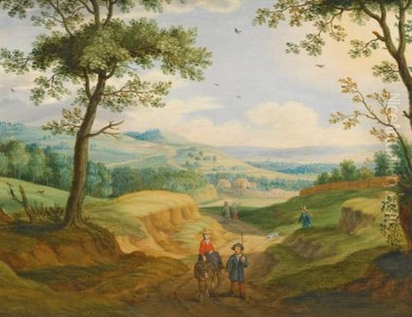 An Extensive Landscape With Travellers On A Road Oil Painting by Isaac Van Oosten