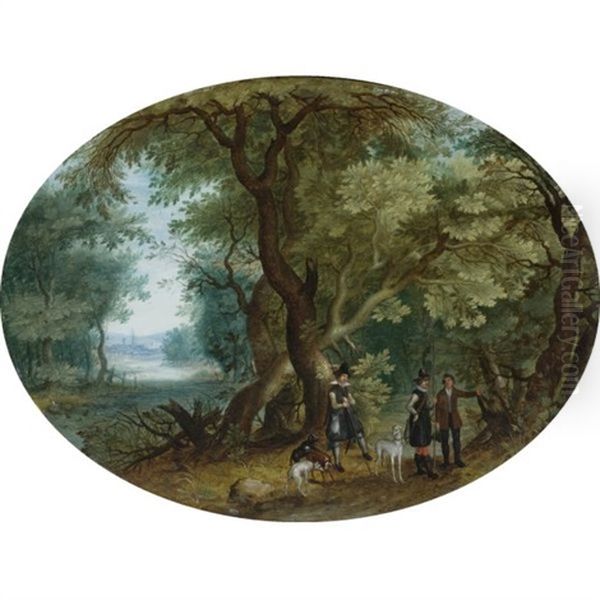 Hunters With Their Dogs In A Wooded Landscape Oil Painting by Isaac Van Oosten