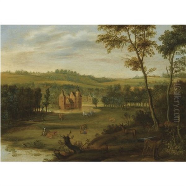 A Country Estate In A Hilly Landscape, With A Milkmaid Milking Cows, Deer And Rabbits In The Foreground Oil Painting by Isaac Van Oosten