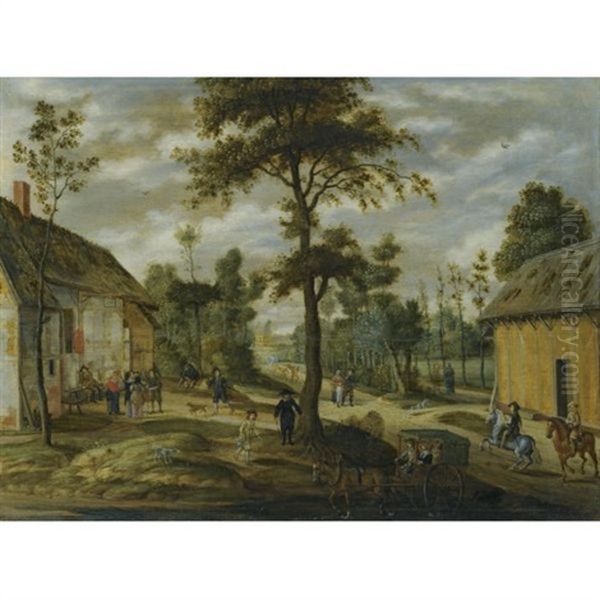 A Village Scene Outside An Inn With Two Horsemen And A Carriage Halted In The Foreground Oil Painting by Isaac Van Oosten