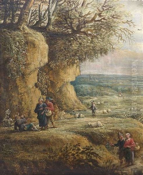 Hirten Mit Schafen Und Ziegen Am Rande Einer Boschung Vor Weiter Flusslandschaft Oil Painting by Isaac Van Oosten